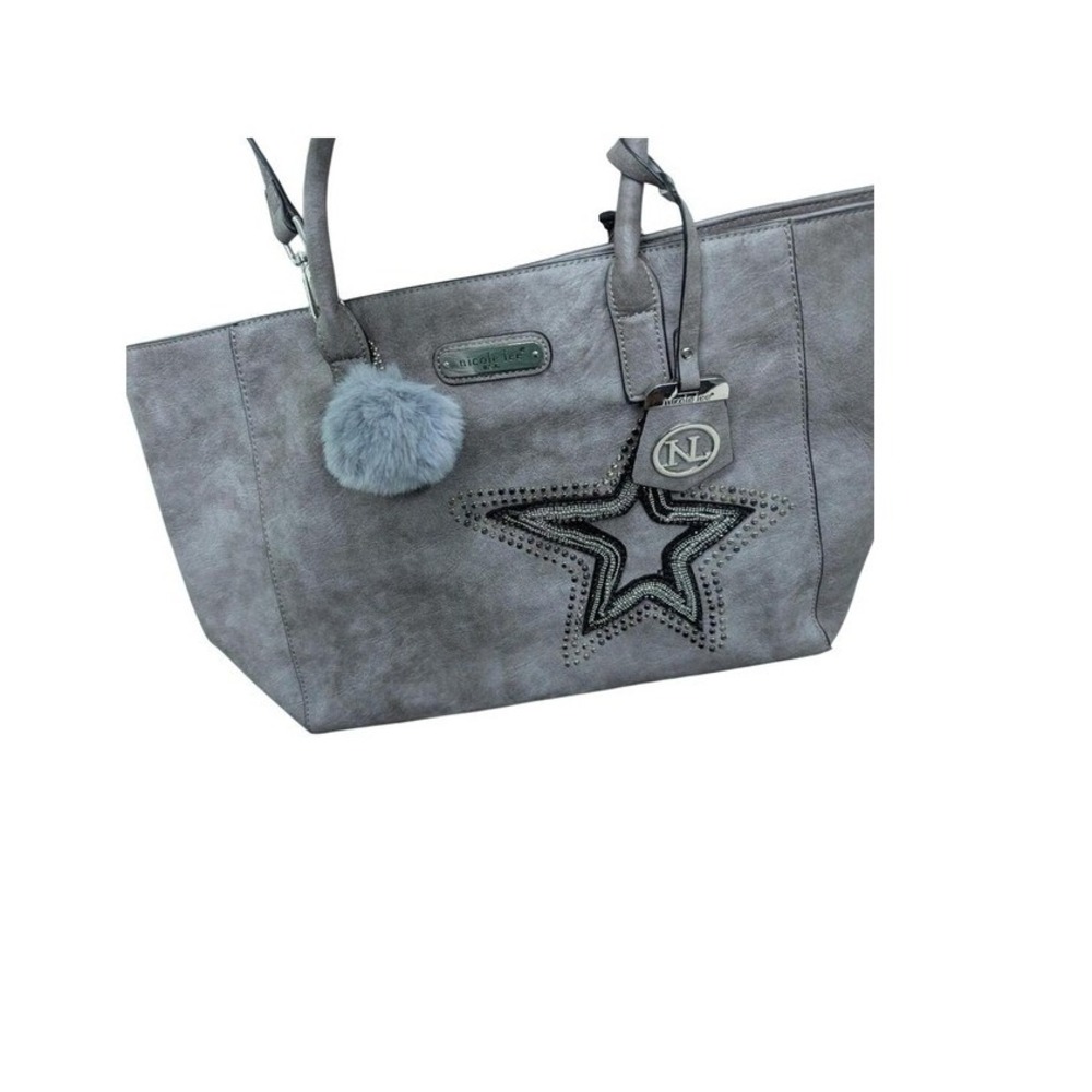 Nicole Lee Gray tote bag with star design and fur pom pom